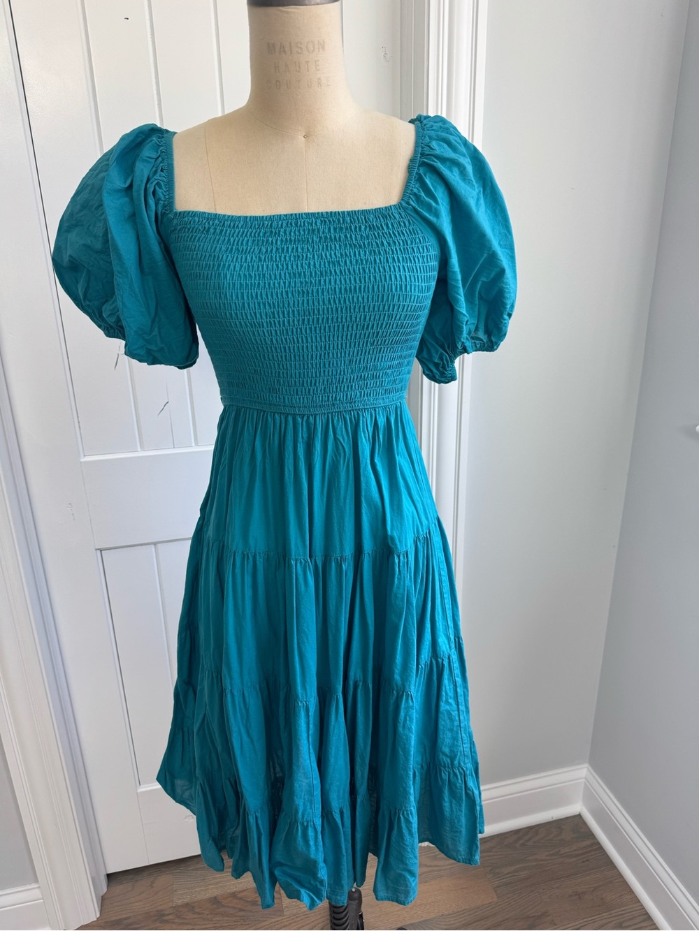 PINCH Teal Smocked Puff-Sleeve Dress Size M